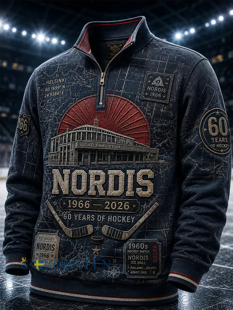 Mäns Retro Finska hockey HIFK Halv-Zip Hoodie. - blå sjöfart / S