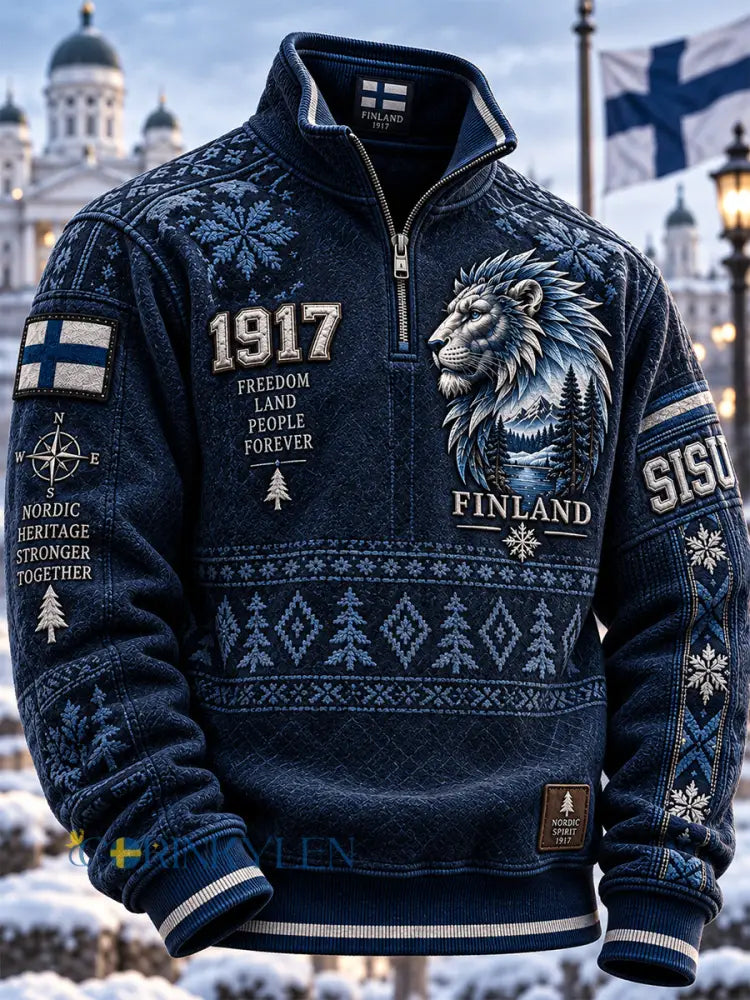 Mäns Retro Finska Självständighetsdag Halv-Zip Hoodie Half-Zip - djupblåa / S