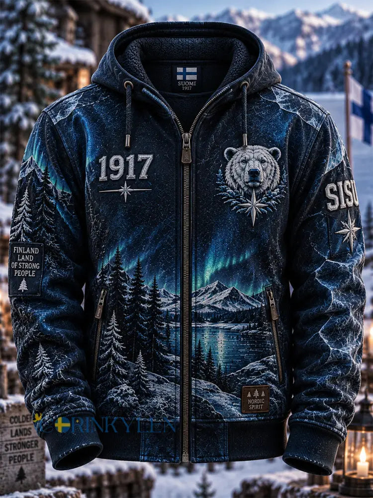 Mäns Retro Finska Självständighetsdagen dragkedja Hoodie - blå / S