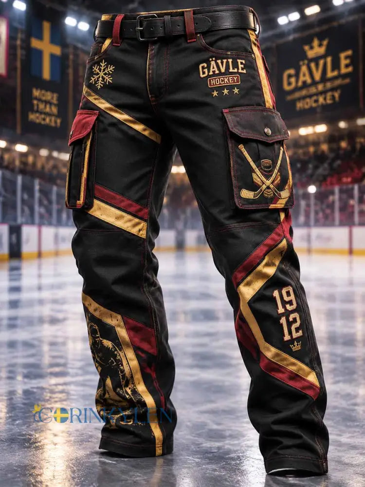 Mäns Retro Gävle Hockey mönster tryckt arbetsbyxor - som bild / S