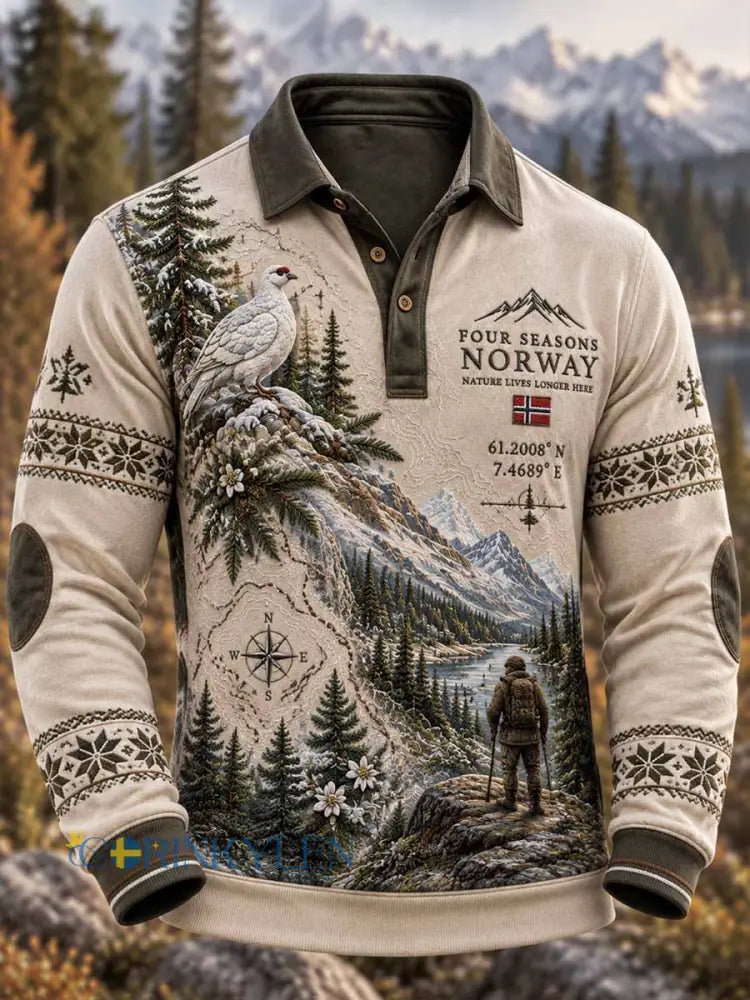 Mäns Retro jakt kultur mönster tryckt polo skjjorta - som bild / S