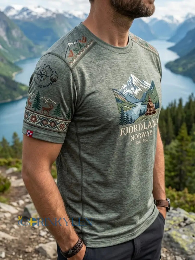 Mäns Retro Norska Fjord Utomhus Casual T-shirt