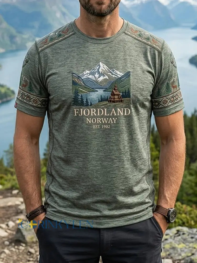 Mäns Retro Norska Fjord Utomhus Casual T-shirt - flerlog / S