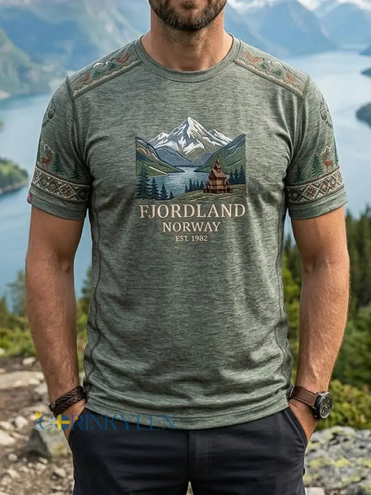Mäns Retro Norska Fjord Utomhus Casual T-shirt - flerlog / S