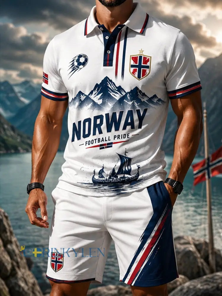Mäns Retro norska “Forward” Fotboll Casual Polo Shorts Set - som bild / S