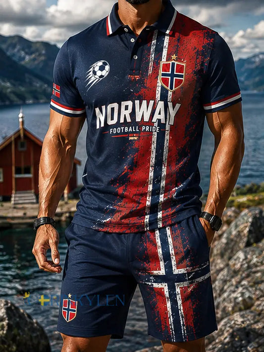 Mäns Retro norska fotboll Casual Polo Shorts Set - som bild / S