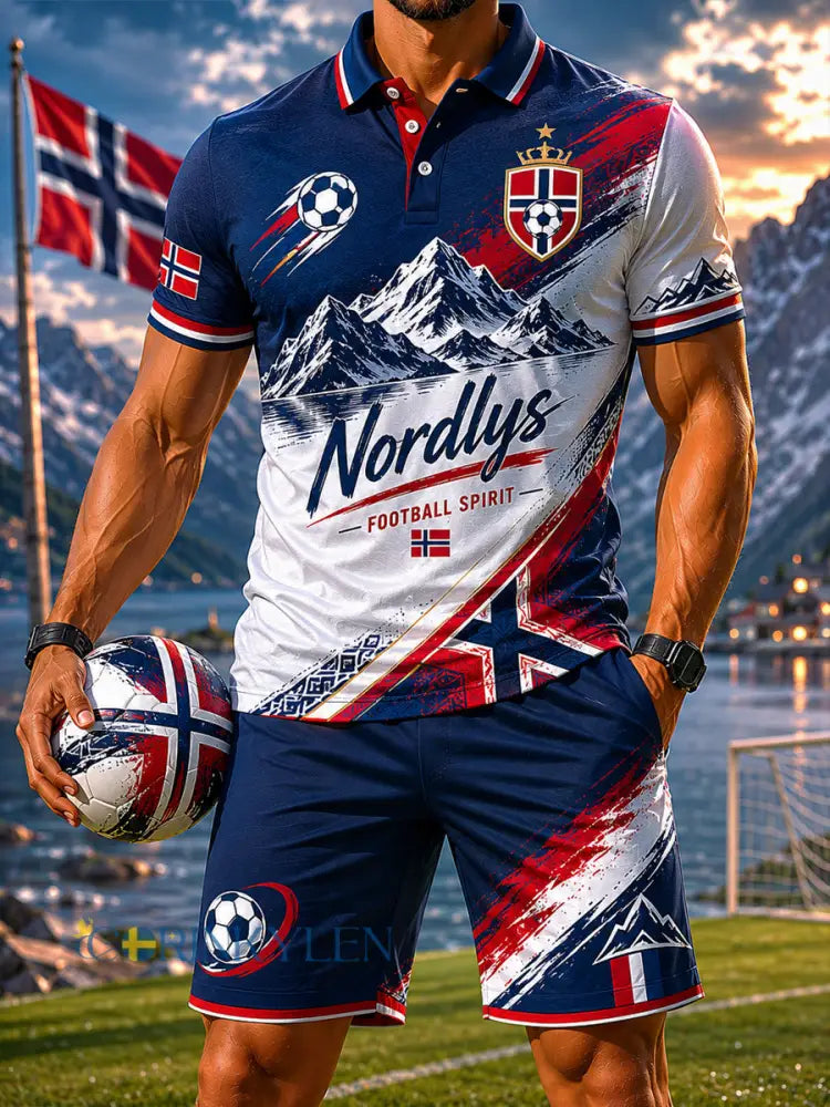Mäns Retro norska fotboll Mountain Casual Polo Shorts Set - som bild / S