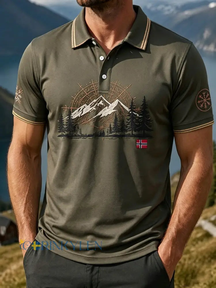 Mäns Retro norska landskap Skriv ut Casual Outdoor Polo skjorta - som bild / S