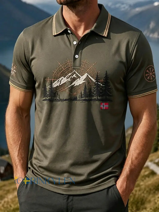 Mäns Retro norska landskap Skriv ut Casual Outdoor Polo skjorta - som bild / S