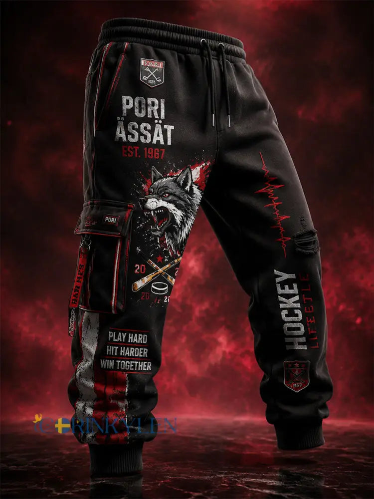 Mäns Retro Porin Ässätt Finska Hockey Lover Style Sportbyxor - svart / S