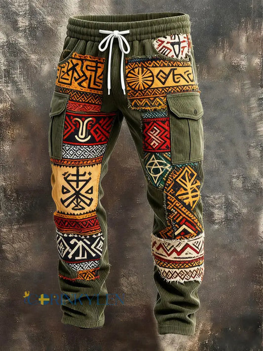 Mäns Retro Vacation Business Art Print Casual Workwear Byxor - armé gröna / S