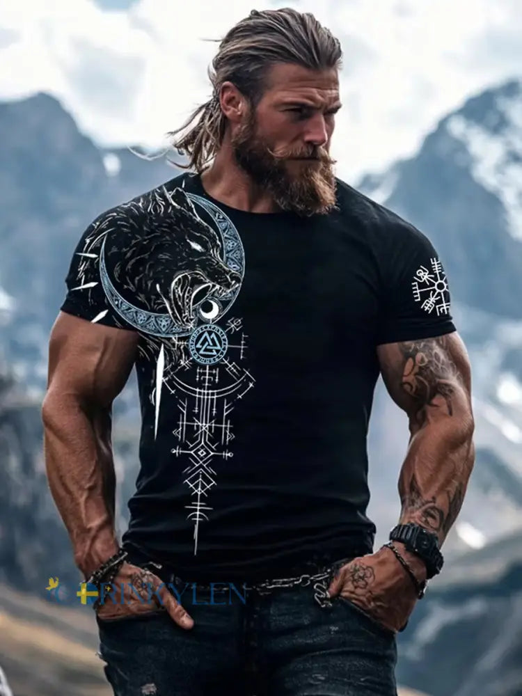 Mäns Retro Viking Art Print Casual T-shirt - A / S