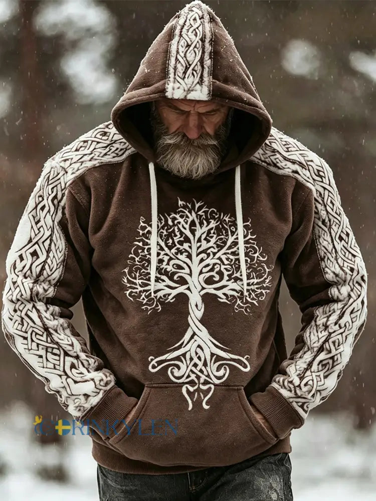 Mäns Retro Viking Celtic Knop mönster Design Casual Flannel Hoodie Flannel - brun / S