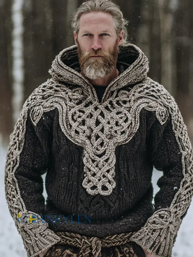 Mäns retro Viking Celtic knut mönster design avslappnad huva imitation tröjar - svart / S