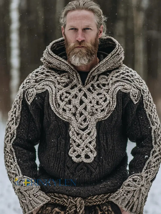 Mäns retro Viking Celtic knut mönster design avslappnad huva imitation tröjar - svart / S