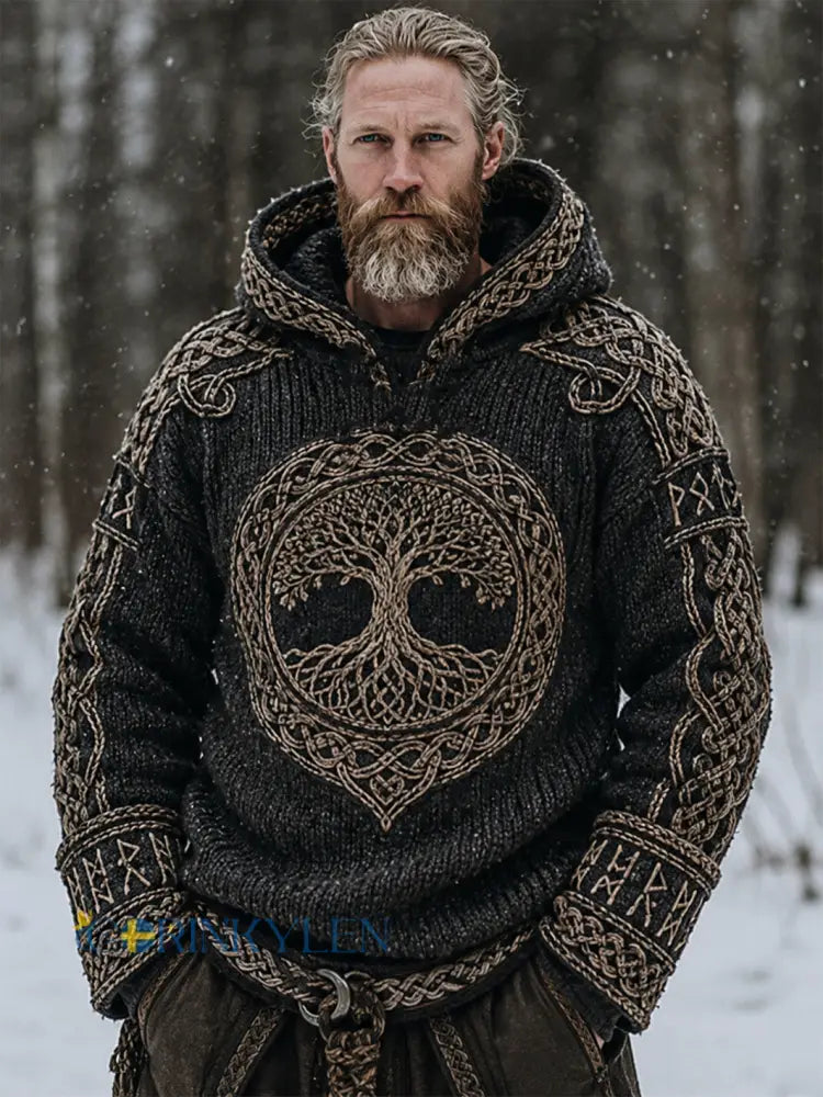 Mäns retro Viking Celtic knut mönster design avslappnad huva imitation tröjar - svart / S