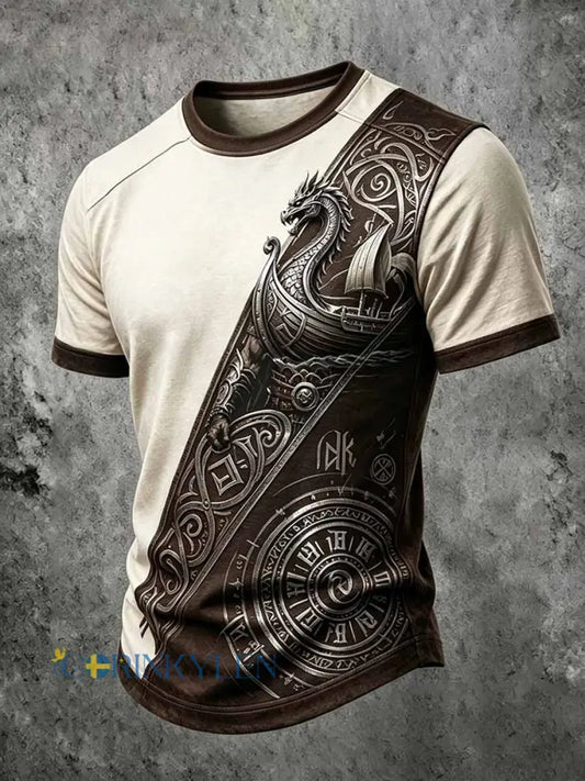 Mäns Retro Viking drak huvudfartyg Skriv ut T-shirt - som bild / S