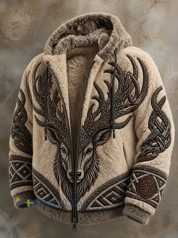 Mäns Retro Viking kultur Konst Skriv ut Casual Comfort Flannel Hooded Jacka - A / S