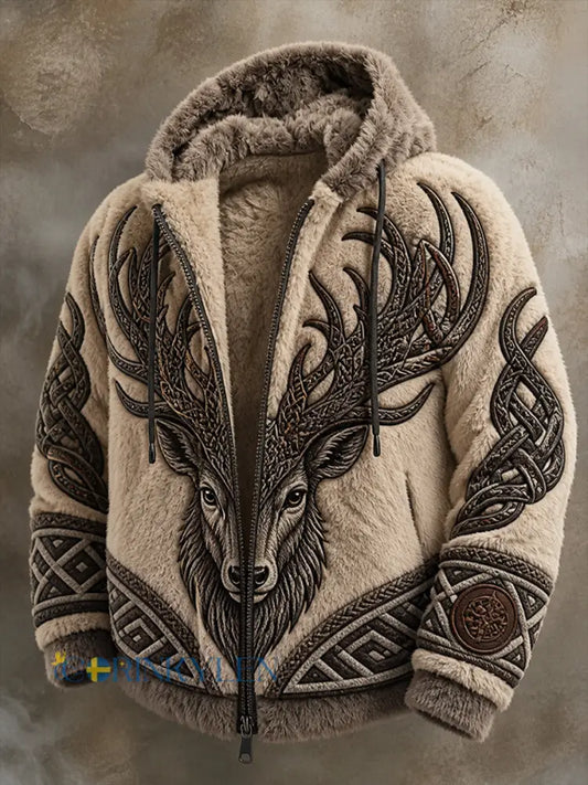 Mäns Retro Viking kultur Konst Skriv ut Casual Comfort Flannel Hooded Jacka - A / S