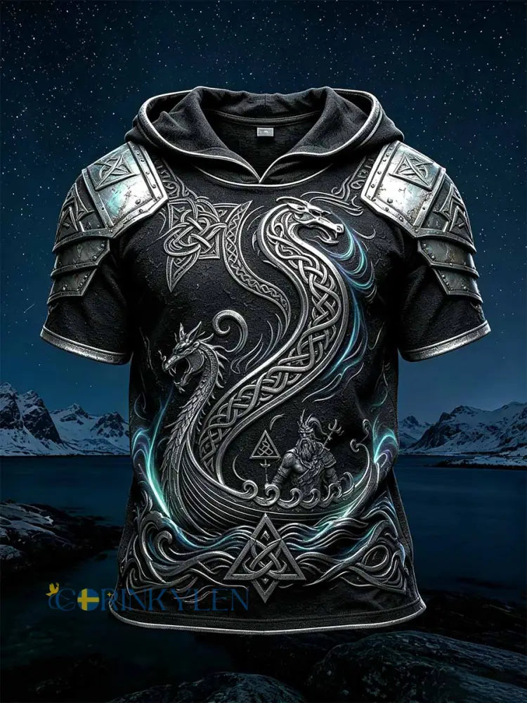 Mäns Retro Viking Print Casual Hoodie. - som bild / S