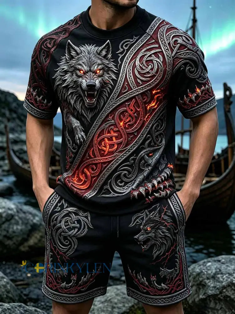 Mäns Retro Viking Print Casual Kort ärm Set - som bild / S