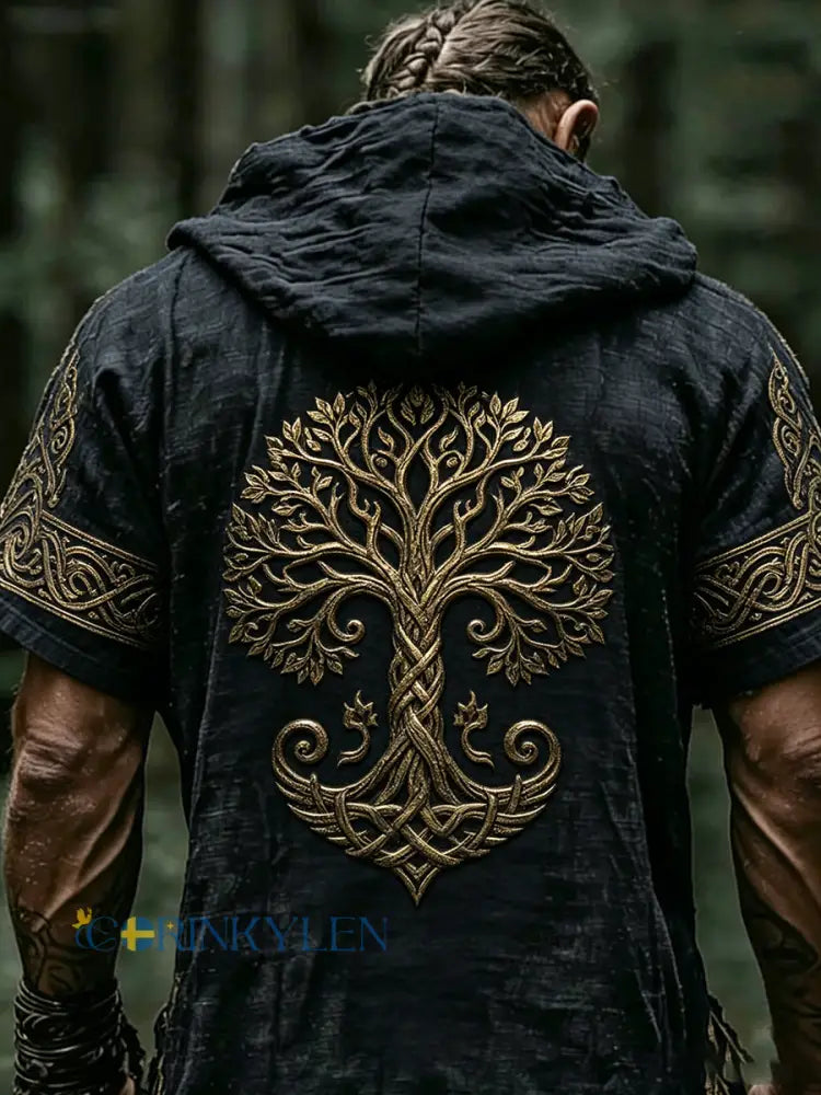 Mäns Retro Viking Print Short-Sleeve Hooded Topp - A / S
