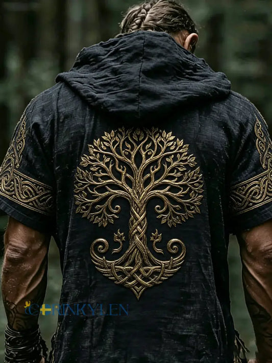 Mäns Retro Viking Print Short-Sleeve Hooded Topp - A / S