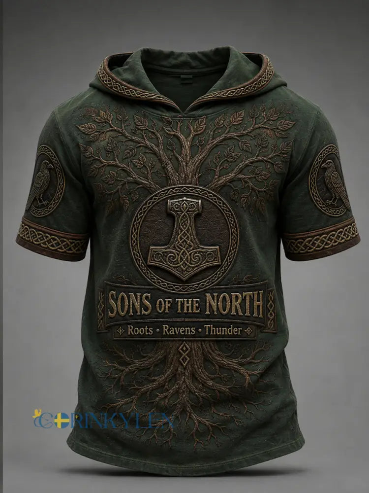 Mäns Retro Viking Print Short-Sleeve Hooded Topp - A / S