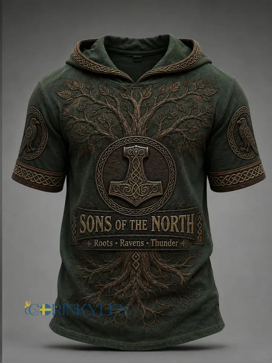Mäns Retro Viking Print Short-Sleeve Hooded Topp - A / S