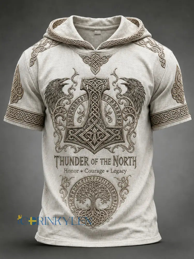 Mäns Retro Viking Print Short-Sleeve Hooded Topp - A / S