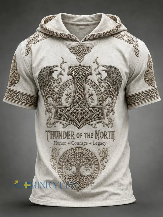 Mäns Retro Viking Print Short-Sleeve Hooded Topp - A / S