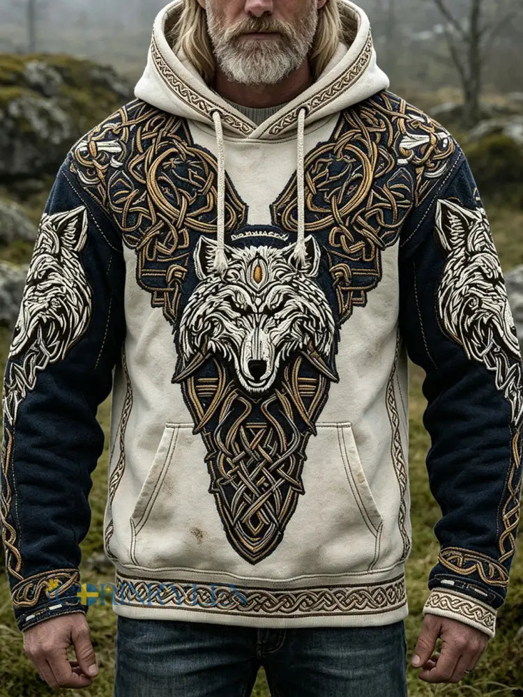 Mäns retro Viking stil varg mönster tryckt avslappnad tvättad hoodiet - kränk-vitt / S