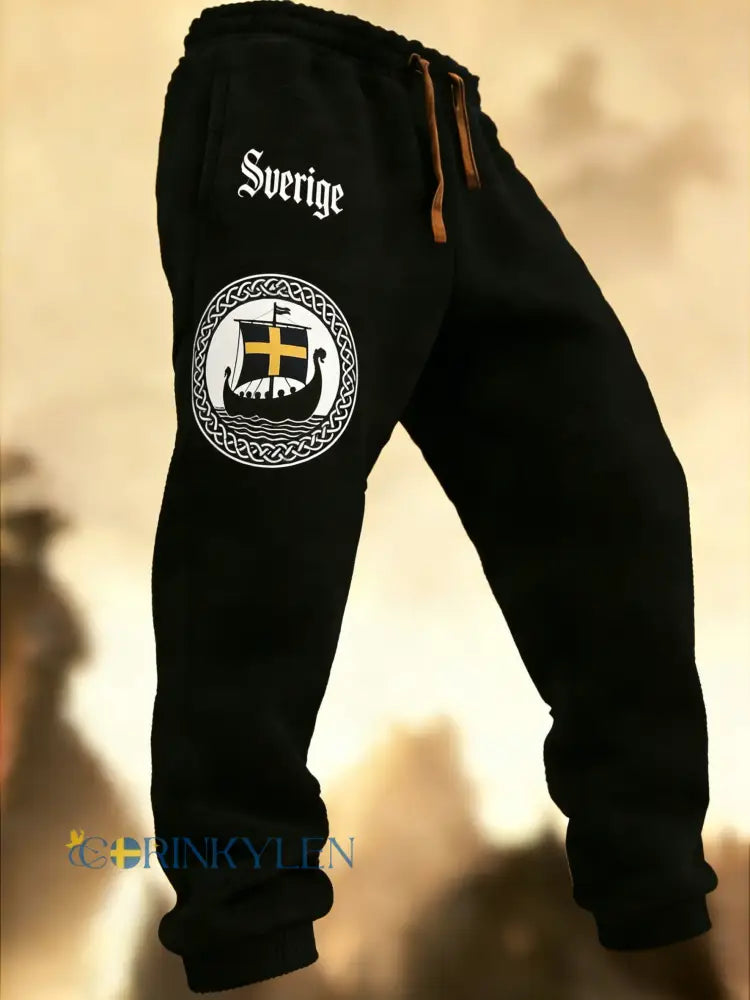 Mäns Retro Viking Svenska flaggbricka Casual Byxor - svart / S