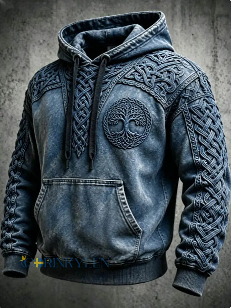 Mäns Retro Viking Valknut träd Liv överstora drop-Shulder Hoodie. - Blå / S