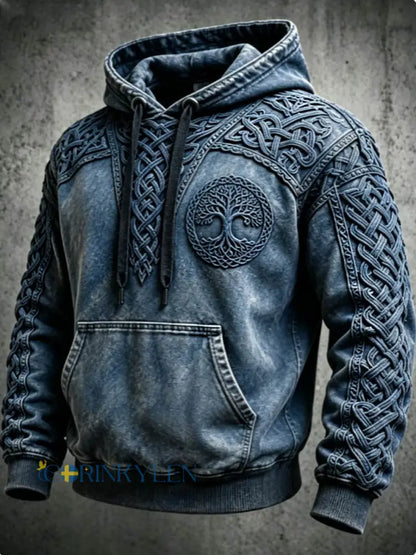 Mäns Retro Viking Valknut träd Liv överstora drop-Shulder Hoodie. - Blå / S