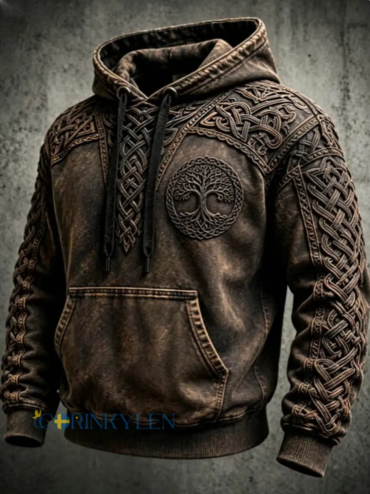 Mäns Retro Viking Valknut träd Liv överstora drop-Shulder Hoodie. - brun / S