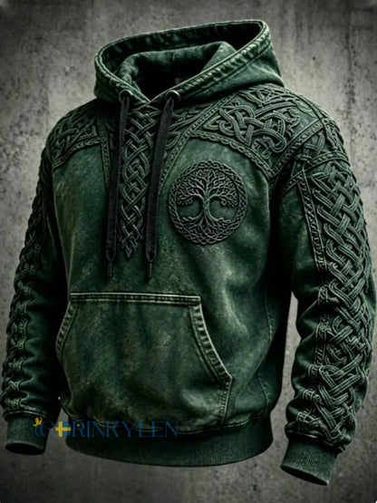 Mäns Retro Viking Valknut träd Liv överstora drop-Shulder Hoodie. - Gröna / S