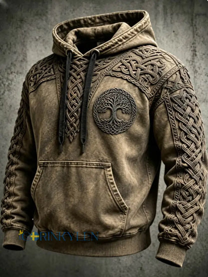 Mäns Retro Viking Valknut träd Liv överstora drop-Shulder Hoodie. - Khaki / S