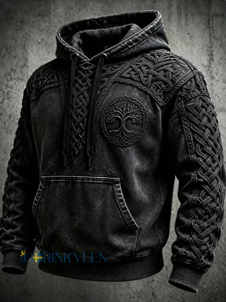 Mäns Retro Viking Valknut träd Liv överstora drop-Shulder Hoodie. - Svart / S