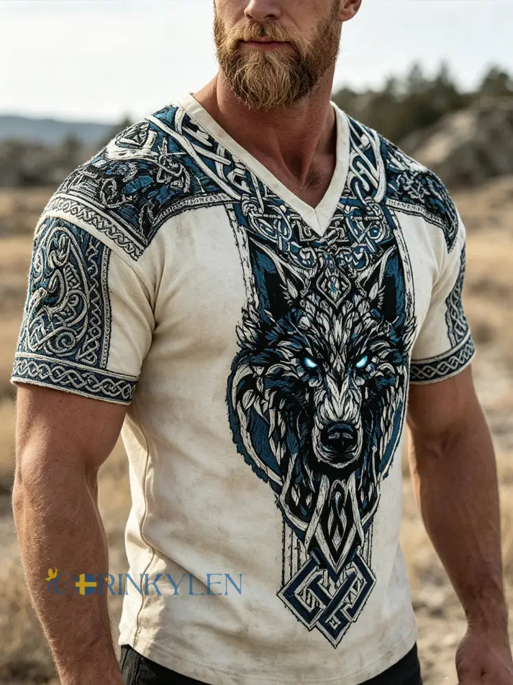 Mäns retro Viking varg huvud mönster tryckt avslappnad T-shirt - vitt / S