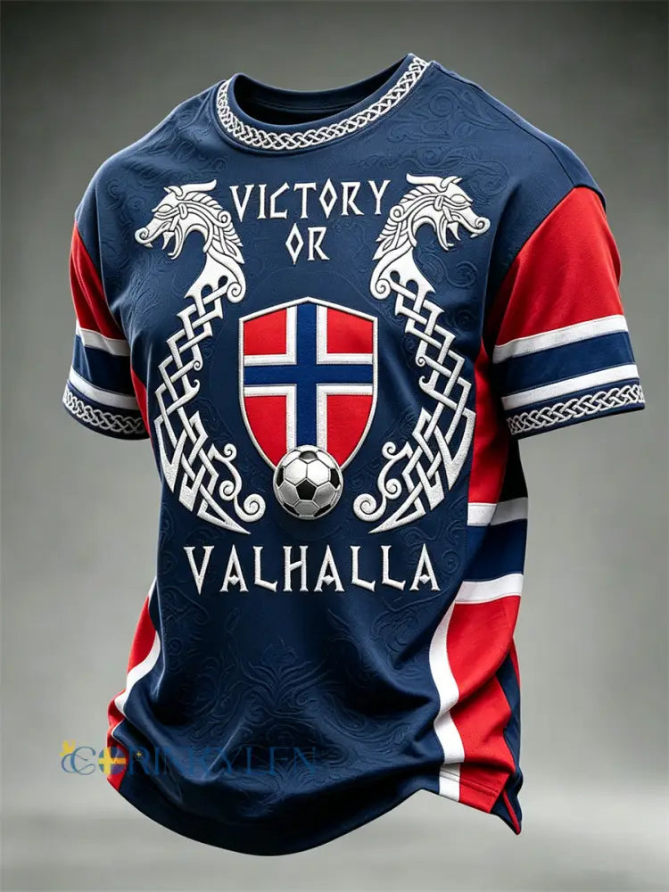 Mäns segrar eller Valhalla Norge Fotboll & Flag Colorblock Skriv ut korta ärmar t-shirt - djupblåa / S