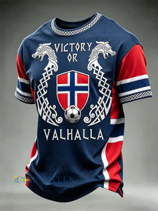 Mäns segrar eller Valhalla Norge Fotboll & Flag Colorblock Skriv ut korta ärmar t-shirt - djupblåa / S