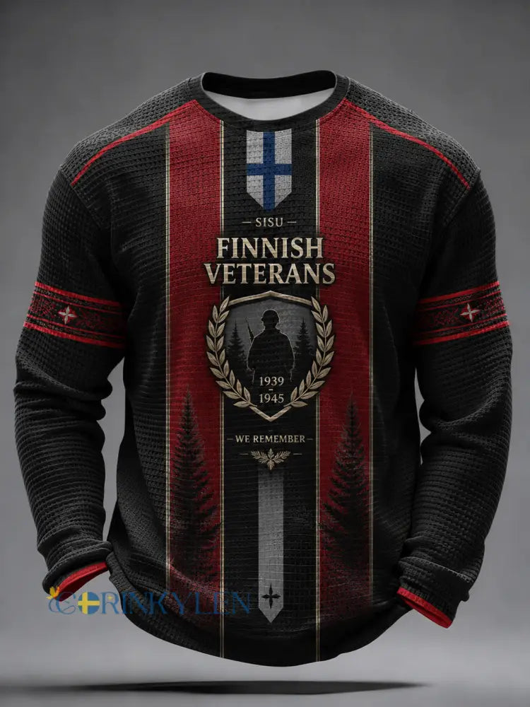 Mäns Sisu Mäns långärm T-shirt med konstnärlig tryck och finländska veteranelement - A / S