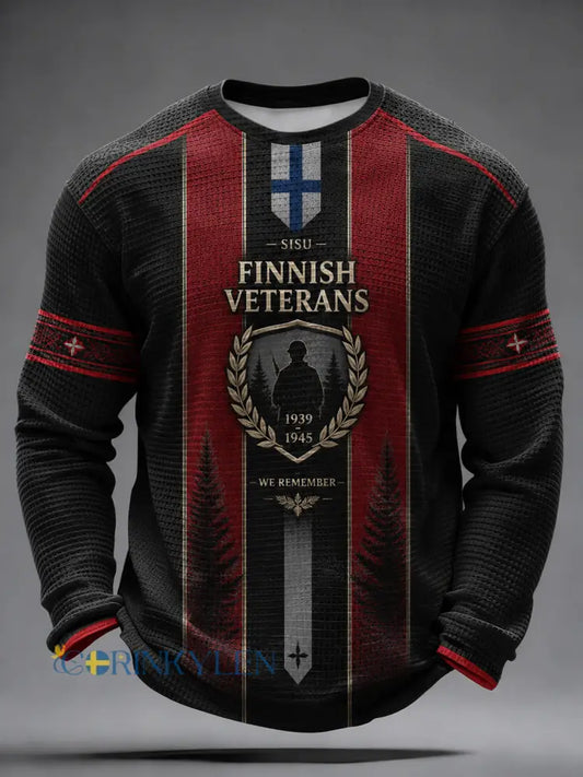 Mäns Sisu Mäns långärm T-shirt med konstnärlig tryck och finländska veteranelement - A / S