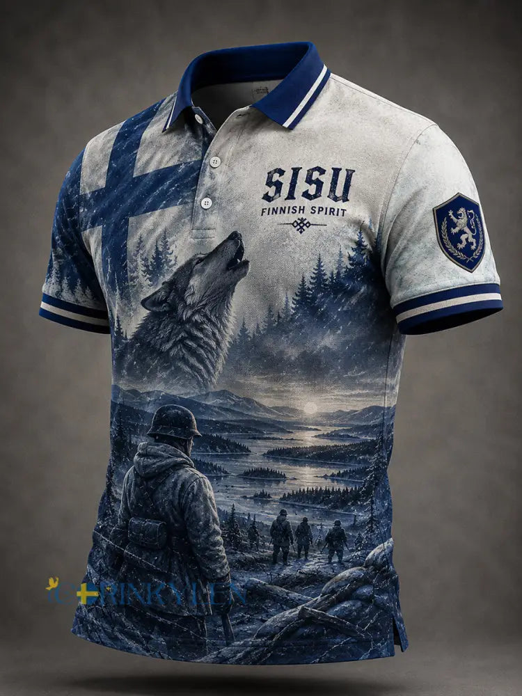 Mäns Sisu Patriotisk minne Polo tröja med konstnärliga tryckelement inspirerad av finska veteraner - A / S
