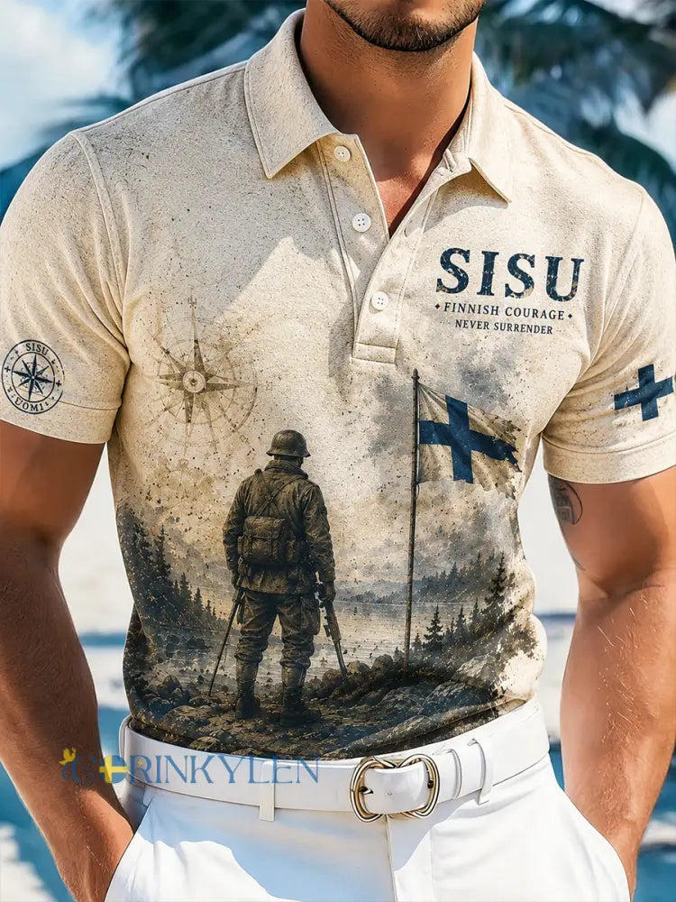 Mäns Sisu Polo med konstnärlig tryck inspirerad av finländska veteraners andan - A / S