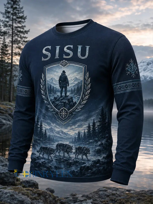 Mäns Sisu Veteran Spirit Heritage Konst Skriv ut Casual Långärm T-shirt - A / S