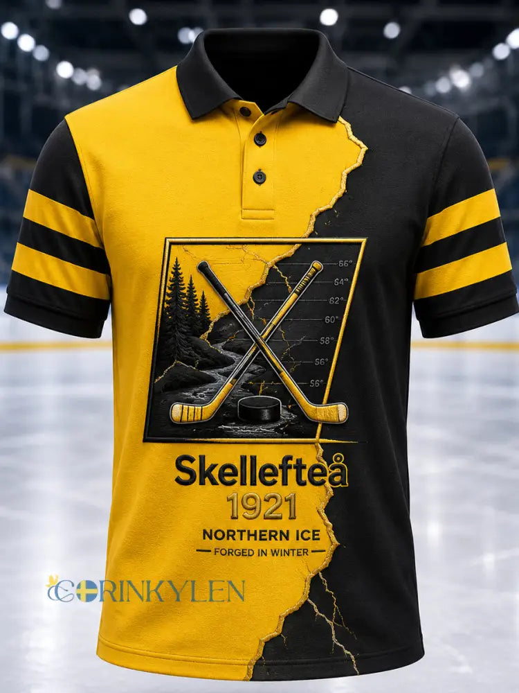Mäns Skellefteå AIK Print Polo krage Casual Kort ärm skjorta - svart- gul / S
