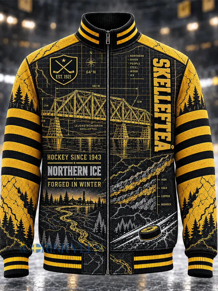 Mäns Skellefteå AIK Tryckt långärmad blixtlås Stand Up Collar Jacke - svart- gul / S