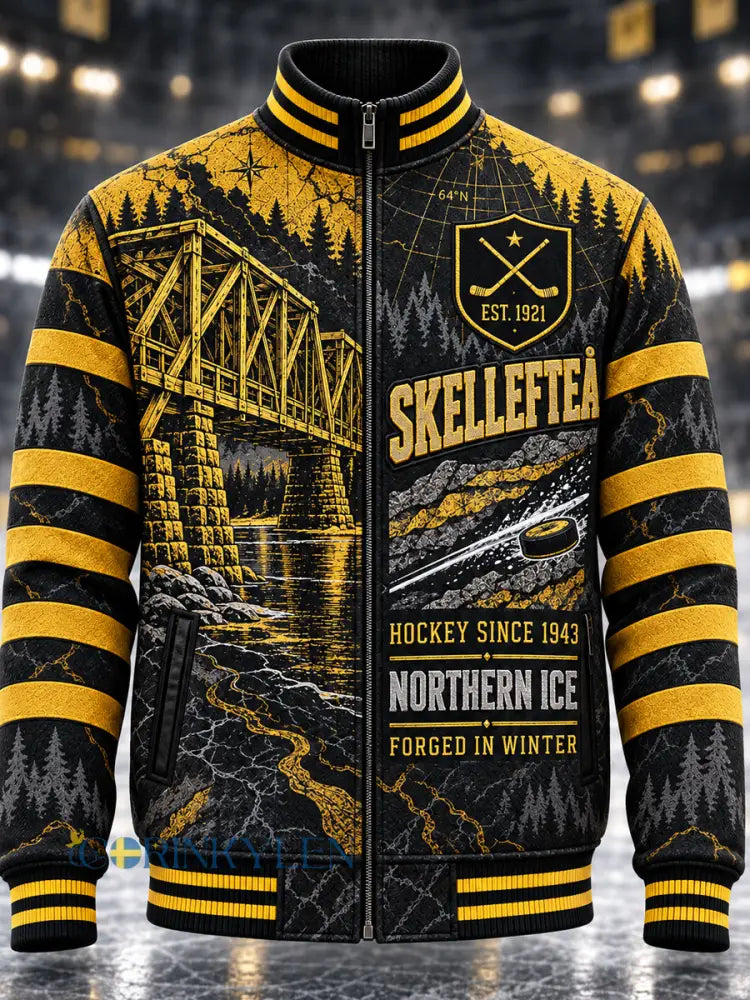 Mäns Skellefteå AIK Tryckt långärmad blixtlås Stand Up Collar Jacke - svart- gul / S